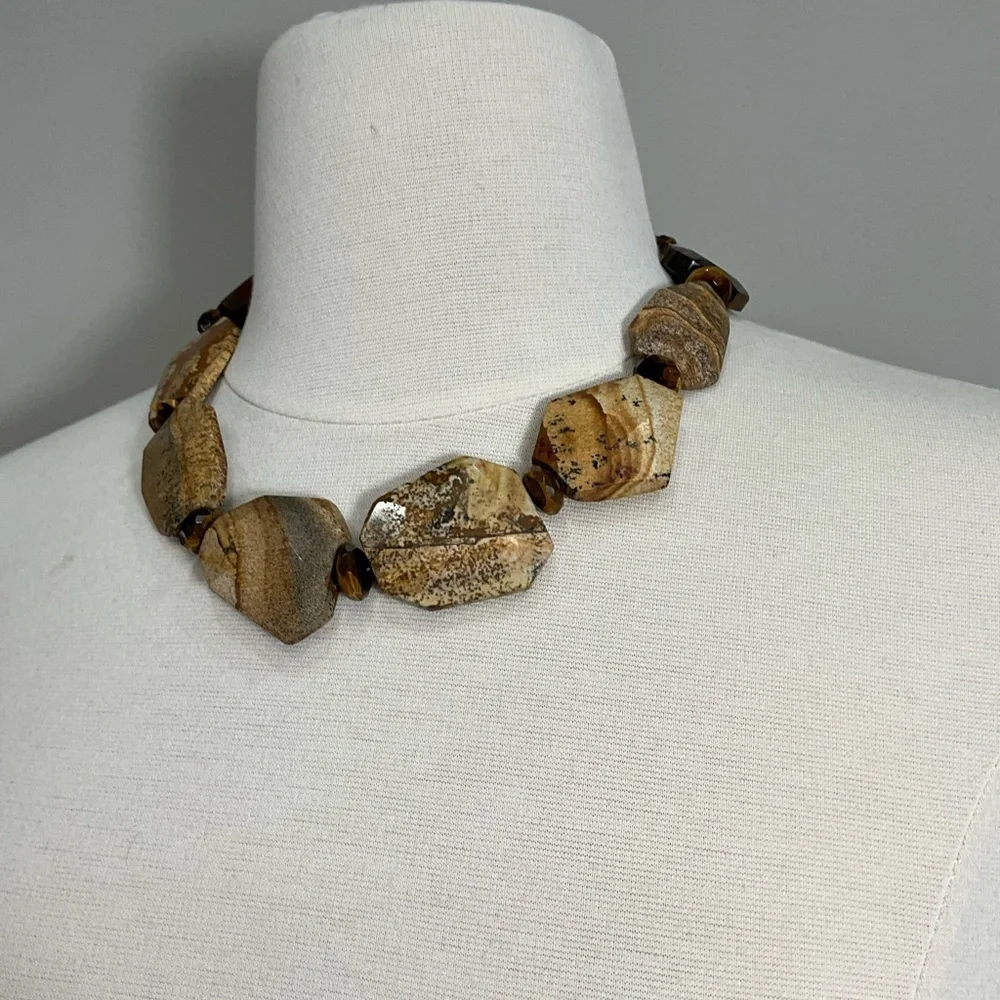 Natural Stone & Tiger Eye 3 pc Statement Beaded Necklace Earrings Bracelet Brown